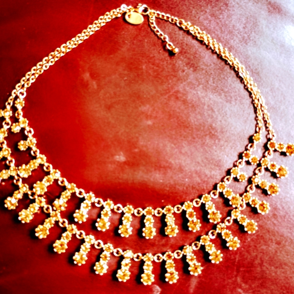 Elegant Gold Necklace, 18", two Strands Adorned With Golden Stones 4-8mm